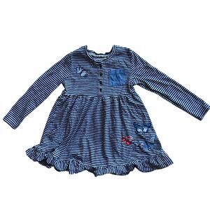 MANTARAY Butterfly Appliqué Blue White Stripe Long Sleeve Dress Size 5-6 Years